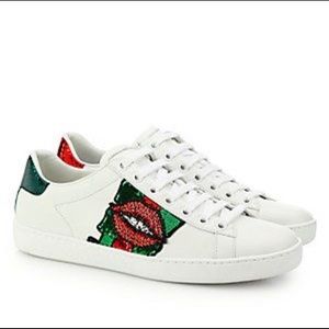 GUCCI Ace Lip-embroidered Leather Low-top Sneakers